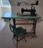 Vintage Industrial Singer Sewing Machine on Bench Table with Chair & Accessories