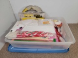 Plastic Storage Tote with Plastic Canvas Sheets, Yarns, Cording, Aluminum Circles