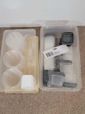 2 Plastic Storage Bins with Smaller Plastic Containers- Some Brand New