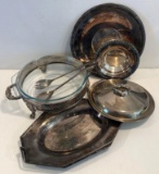 Silver Plate Trays, Dishes, Frame for Glass Serving Dish and Serving Utensils