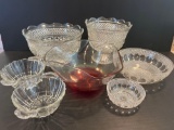 Glassware Grouping- 3 Punch Bowls, 2 Matching Handled Bowls and Large & Small Serving Bowls