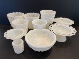 Milk Glass Grouping- Hobnail Vases, Pedestal Bowls, 2 Other Vases, Large Footed Bowl and Cup