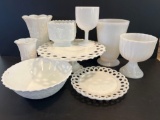 Milk Glass Grouping- Cake Stand, Pedestal Bowl, Plate, Bowl, Planter, Goblet & Vases