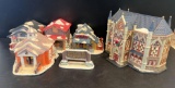 Christmas Village Houses- 4 Small Buildings, 1 Large Church and Sign 