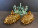 Vintage Glass Sugar & Creamer Set with Stand and Pair of Amber Glass Lidded Dishes