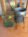 Glass Cube, Galvanized Garbage Can & 2 Wire Plant Stands
