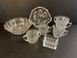 Clear Glassware Grouping- Bowl, Serving Dish, 2 Sugars, Creamer, Sugar Packet Holder & 2-Handled Cup
