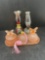 2 Miniature Oil Lamps, Peach Opaque Swirl Glass Dresser Set with Tray