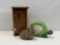 Miniature Wooden Outhouse, Fuzzy Bunny and Turtle Bank