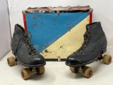 Men's Roller Skates with Metal Case, Size 8, Vintage Antique