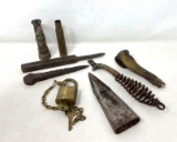 Metal Lot- Padlock & Keys, Spikes, Rifle Brass, Pot Handle, Other Pieces