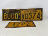 3 Pennsylvania License Plates- 1945, 1947, 1954