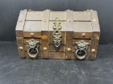 Wooden Strong Box Type Treasure Chest with Lion Ring Decoration
