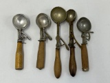 5 Wood Handled Ice Cream Scoops- Two are Marked 
