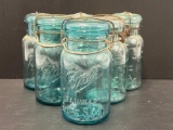 6 Blue Ball Canning Jars with Wire & Glass Lids