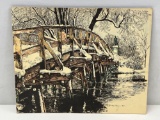 Colored Print of Winter Scene with Wooden Bridge over Creek by Ray Bryan, 1972