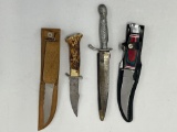 4 Knives- Slim Blade Hunting Knife, Silver Handled Knife/Scabbard, German Korium w/ Horn Handle