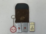 3 LIghters- Scrimshaw Type and 2 RCA, RCA Keychain and Small Drawstring Bag