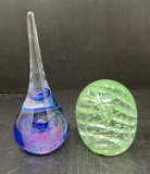 2 Art Glass Paperweight- Teardrop Form and Green Swirl