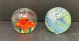 2 Glass Paperweights- Red Floral and Blue/Green Swirl
