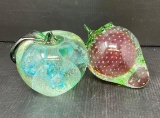 2 Glass Paperweights- Apple & Strawberry