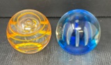 2 Glass Paperweights- Yellow/Orange Swirl and Blue