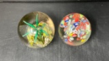2 Glass Paperweights- Green Plant & Multicolor