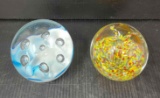 2 Glass Paperweights- Blue Bubbled and Red/Yellow/White
