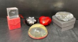5 Paperweights- Cube with Cross, Rosenthal Faceted Heart, Hummel and 2 Painted Hearts