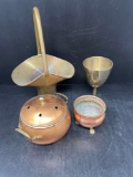 Metal Lot- Basket, Goblet, Small Footed Pot and Double Handled Lidded Pot
