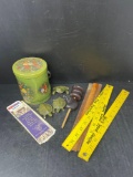 Decorative Handled Tin, Rulers, Turtles & Frog Figure, Bookmarks