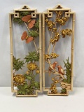 Pair of Bamboo Type Framed Plaques- Butterflies and Birds