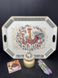 Rooster Decorated Metal Tray, Jar Candle, Coasters and 2 Taper Candles