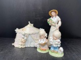 3 Precious Moments Figures Including Tent and Woman in Hat with Flowers
