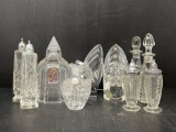 Clear Glass Grouping- Salt & Peppers, Mikasa Bookends, Decanters, Church Figure