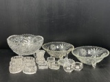 Clear Glass Grouping- 3 Footed Bowls, 6 Individual Salts, Other Salts, Toothpick Holder