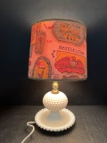 Hobnail Milk Glass Table Lamp with Printed Shade