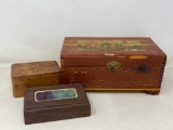 3 Wooden Boxes- Large is Cedar with Triptych Scene on Lid, Small Dark has Colored Inset & Plain Box