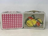 2 Vintage Lunch Boxes- Thermos Brand Pink Gingham with Thermose and Ohio Art Citrus Fruit Motifs
