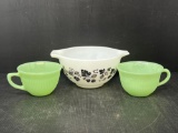 Pyrex Double Handled Bowl with Black Design and 2 Fire King Jadeite Mugs
