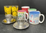 2 Smiley Face Glasses, Ceramic Coffee Mugs and 2 Metal Cup & Saucer Sets