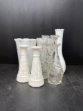 5 Milk Glass Vases and 2 Clear Glass Cruets