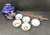 Ginger Jar with Pheasant Motif, 5 Small Bowls, Chopsticks on Stand