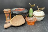 Egg Timer, Wooden Scoop, Lidded Box, Glass Basket, Enameled Pear & Apple