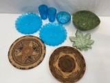 2 Round Woven Rattan Mats, Green Basket, Blue Floral Plates, Cups, Bowl & Green Leaf Dish