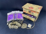 Floral Jewelry Box with Contents, Fish Shower Curtain Hooks, Pewter Push Pins, Lion Towel Holder
