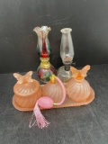 2 Miniature Oil Lamps, Peach Opaque Swirl Glass Dresser Set with Tray