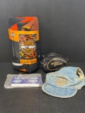 Harley-Davidson Throw and Piggy Bank, Denim Hat with H-D Patch and Live United Item