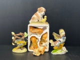 Porcelain Figures Lot- Birds, Dog & Duck, 3 Boxed Puppies and Cat