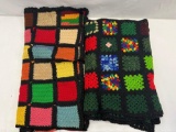 2 Crocheted Afghans- Colorful Double Stitch Squares and Granny Squares